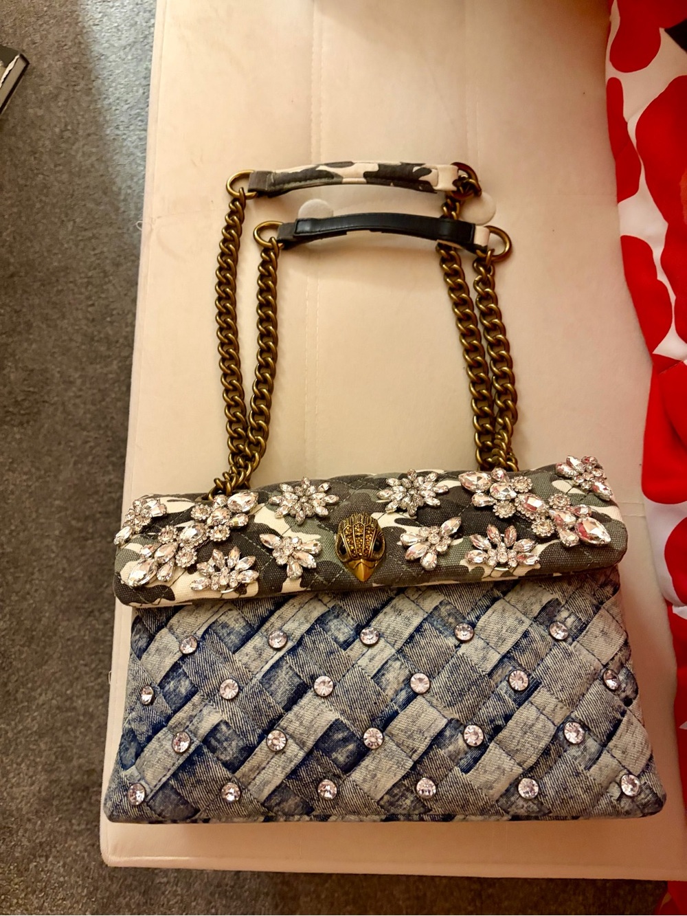 Kurt Geiger Blue Denim/camouflage Style Floral Crystal Shoulder Bag